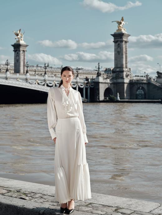 MaisonQiXin CS1037 法式复古设计感荷叶边真丝衬衫  J240521 真丝手工打褶大裙摆礼服半裙 商品图1