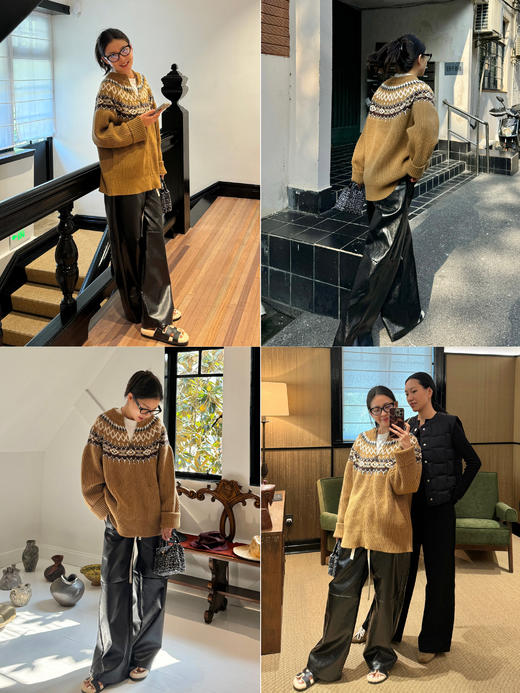 HIDEMI 澳洲进口美利奴羊毛手绘复古费尔岛提花多股粗砂纱加厚款毛衣大外套/针织毛线帽套装 卡其色\灰色 商品图5