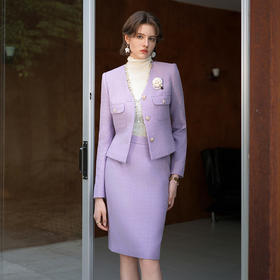 IWY/ 格雷系设计感V领紫色小香风西装套装女秋冬通勤商务高级感两件套CS2073