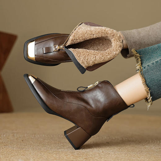 【预售5天】5.5cm前拉链短靴粗跟棕色，洋气春秋单靴金属方头靴YCJX&HL-6112 商品图0