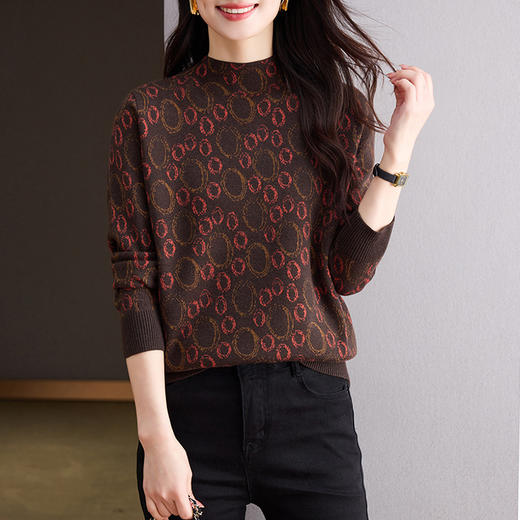 CC-CJ-CJ556慵懒风宽松长袖半高领套头毛衣女秋冬新款撞色提花外穿打底针织衫 商品图1