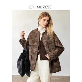 西嘉羊驼马海毛羊毛复古格纹拼皮小香外套2024冬上新(货号:WT2404065)