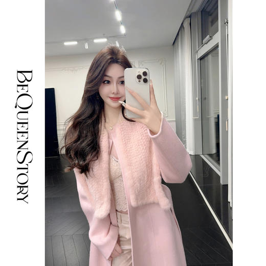 余潇潇红人上新【柔梦初雪】气质宽松长款拼接水貂毛羊毛大衣外套 商品图4