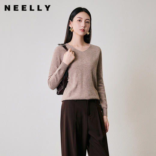 NEELLY纳俪商场同款冬季新款通勤100%绵羊毛V领打底针织衫毛衣女N24094A07778 商品图0
