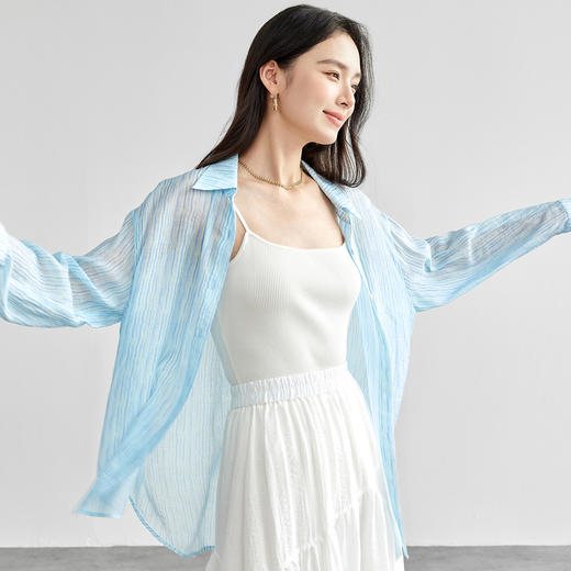 【内购】舒适休闲波浪纹翻领衬衫定制贝壳扣轻薄长袖上衣-58263 商品图1