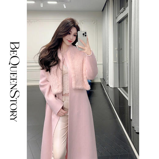 余潇潇红人上新【柔梦初雪】气质宽松长款拼接水貂毛羊毛大衣外套 商品图2