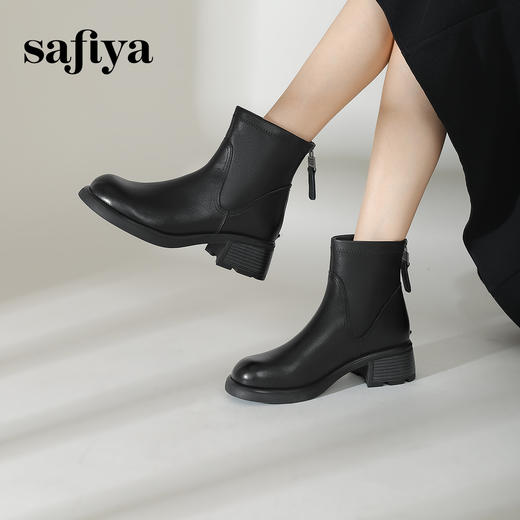 Safiya/索菲娅2024冬季真皮休闲圆头粗跟时尚百搭后拉链短踝靴SF44116087 商品图2