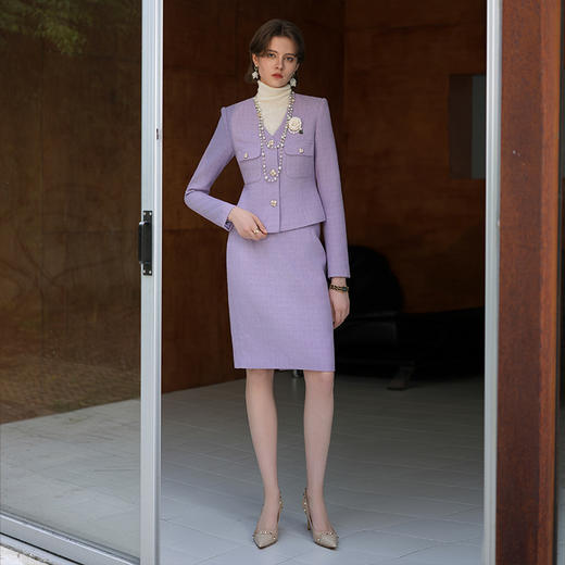 IWY/ 格雷系设计感V领紫色小香风西装套装女秋冬通勤商务高级感两件套CS2073 商品图3