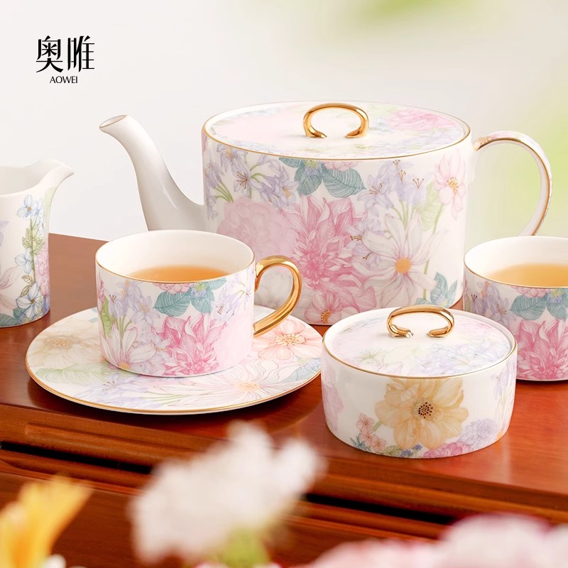 景德镇 奥唯 满庭芳 咖啡杯碟 下午茶具 高档精致 陶瓷杯碟碗盘组合茶壶