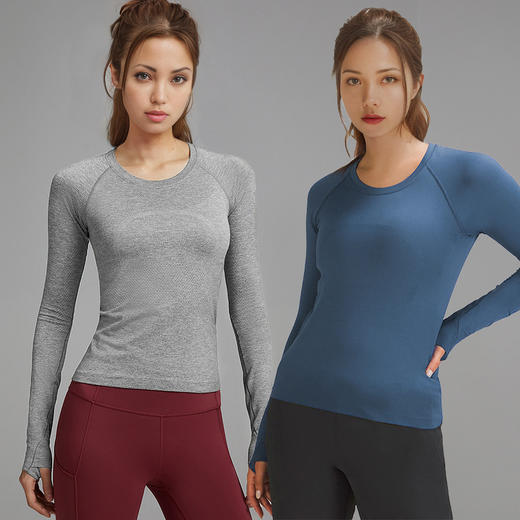 插肩女土运动长袖 套指袖跑步健身训练上衣 修身无缝普拉提瑜伽服 商品图1