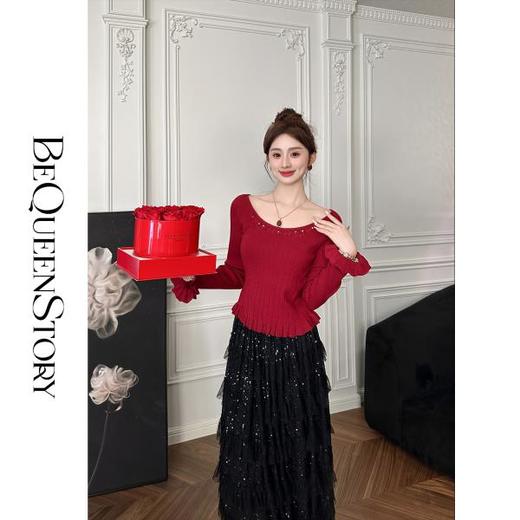 余潇潇红人上新【玫瑰花月】早秋上衣轻奢宽领口荷叶边修身毛衣 商品图4