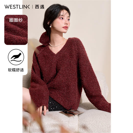 西遇短款V领毛衣女冬季新款温柔纯色慵懒风宽松套头上衣D0043998 商品图0