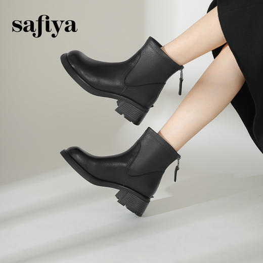 Safiya/索菲娅2024冬季真皮休闲圆头粗跟时尚百搭后拉链短踝靴SF44116087 商品图4