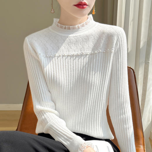 QHJY-JY1115精纺半高领羊毛衫女蕾丝花边镂空提花长袖针织毛衣钉珠打底衫上衣 商品图3