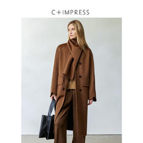 西嘉山羊绒绵羊毛混纺围巾领两穿双面呢大衣2024冬上新DY2404052