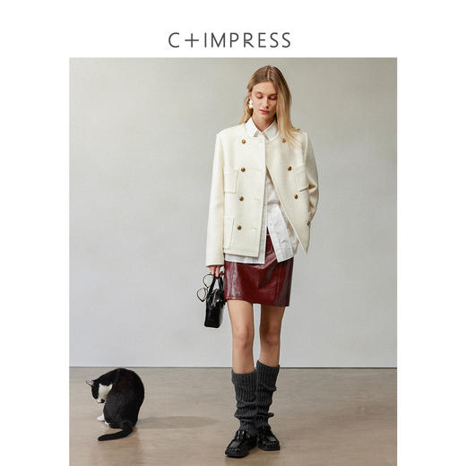 西嘉羊毛强缩呢复古双排扣箱型小香外套2024冬上新(货号:WT2404069) 商品图2