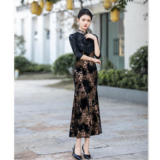 丝绒烫金拼接鱼尾旗袍2024冬季新款改良新中式旗袍SYK66793 商品图2