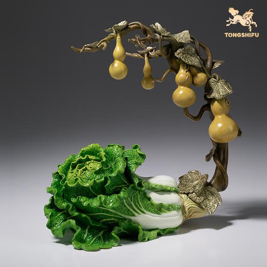 铜师傅《福禄百财》桌面铜葫芦白菜摆件 家居装饰工艺品 商品图2