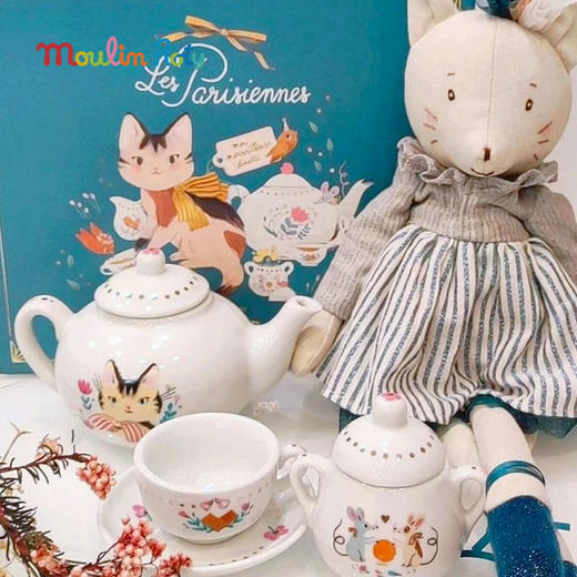 Moulin Roty 花朵女孩-马口铁茶具套装 手提箱 适合3岁+ 精美装饰 过家家玩具 花朵女孩系列 法国品牌-710538 商品图4