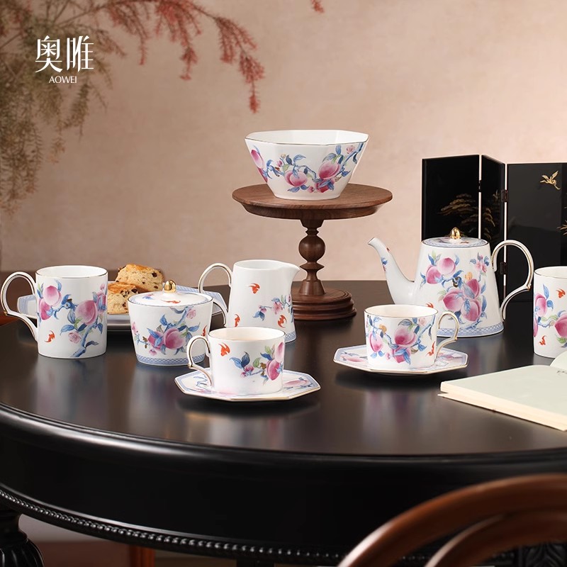 景德镇 奥唯 桃之夭夭 下午茶套装 咖啡杯碟高档 精致马克杯 碗盘组合