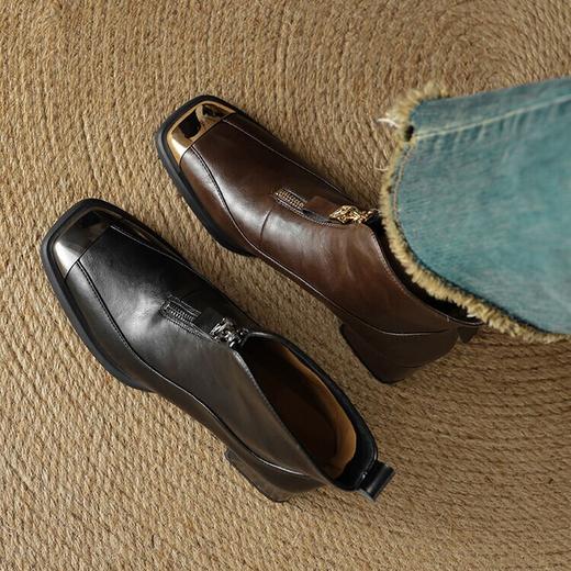 【预售5天】5.5cm前拉链短靴粗跟棕色，洋气春秋单靴金属方头靴YCJX&HL-6112 商品图2