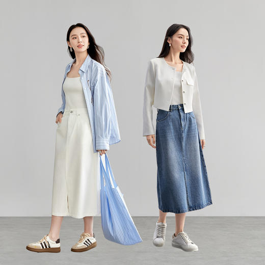 【内购】复古丹宁水洗牛仔100%棉半身裙开衩裙摆设计感牛仔裤-57899 商品图1