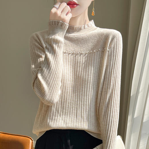 QHJY-JY1115精纺半高领羊毛衫女蕾丝花边镂空提花长袖针织毛衣钉珠打底衫上衣 商品图2