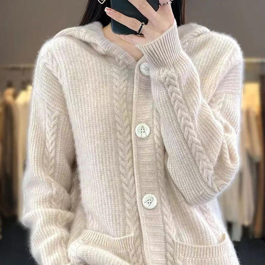 QHJY-Y1161重磅加厚连帽中长款开衫女24秋冬宽松带兜软糯安迪绒针织毛衣外套 商品图2