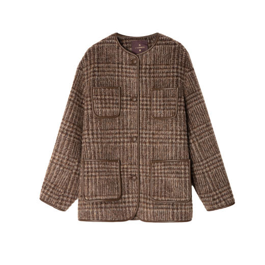 西嘉羊驼马海毛羊毛复古格纹拼皮小香外套2024冬上新(货号:WT2404065) 商品图4