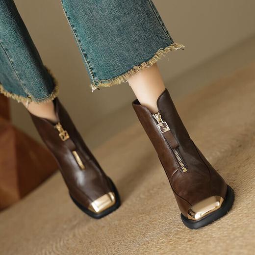 【预售5天】5.5cm前拉链短靴粗跟棕色，洋气春秋单靴金属方头靴YCJX&HL-6112 商品图1