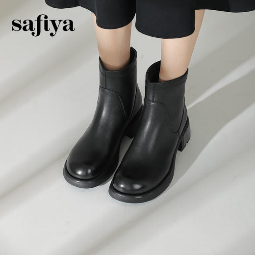 Safiya/索菲娅2024冬季真皮休闲圆头粗跟时尚百搭后拉链短踝靴SF44116087 商品图1