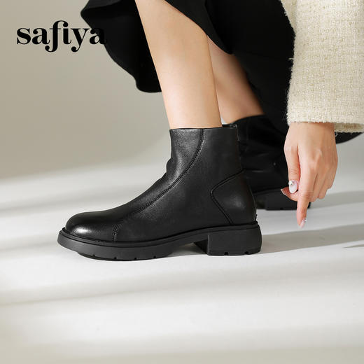 Safiya/索菲娅2024冬季休闲圆头粗跟时尚百搭羊皮后拉链短踝靴 SF44116026 商品图1