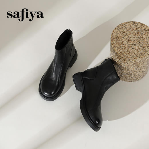 Safiya/索菲娅2024冬季休闲圆头粗跟时尚百搭羊皮后拉链短踝靴 SF44116026 商品图5