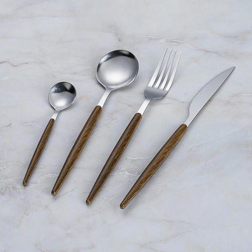 「19.9到手1套5支」不锈钢刀叉勺套装 葡萄牙西餐餐具酒店餐厅仿木纹夹柄牛排刀甜品勺餐饮用具 商品图1