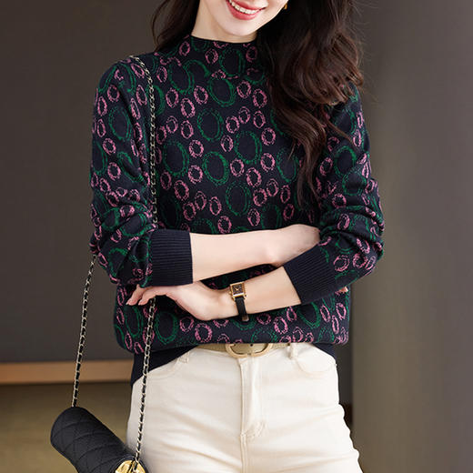 CC-CJ-CJ556慵懒风宽松长袖半高领套头毛衣女秋冬新款撞色提花外穿打底针织衫 商品图3