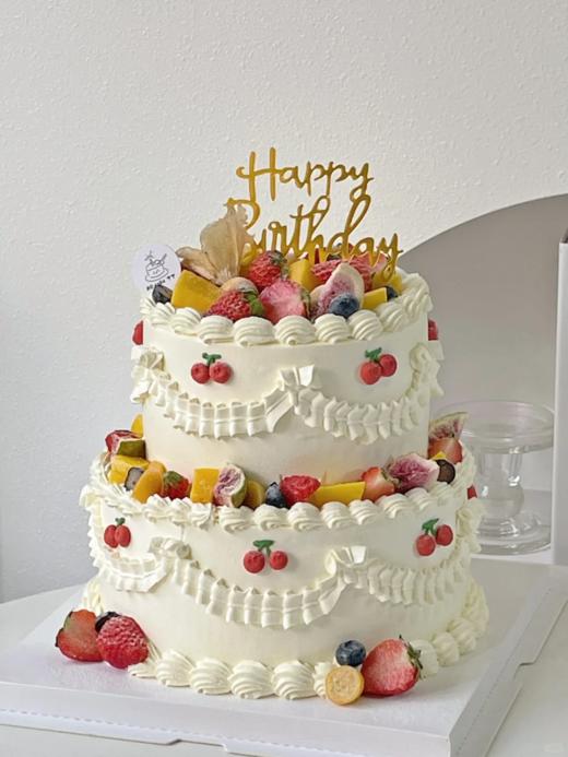 复古小樱桃手绘双层鲜果蛋糕 商品图0