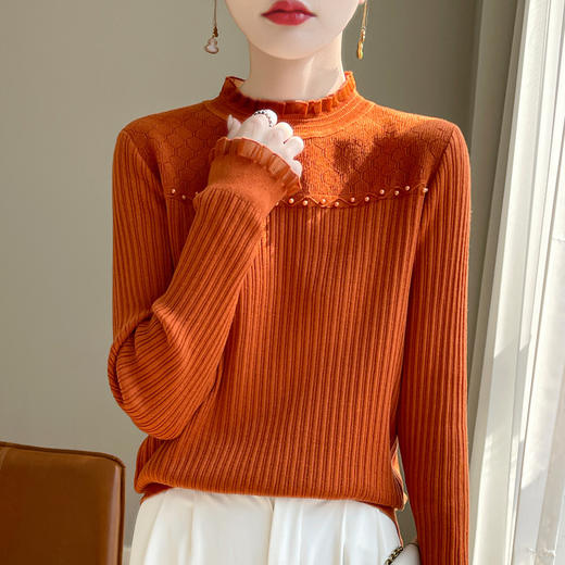 QHJY-JY1115精纺半高领羊毛衫女蕾丝花边镂空提花长袖针织毛衣钉珠打底衫上衣 商品图1