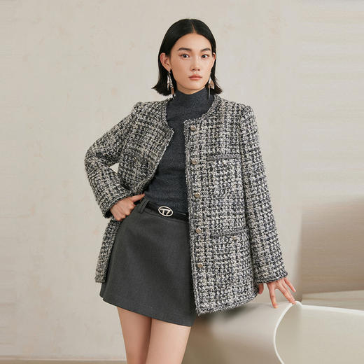 NEELLY纳俪商场同款冬季新款高级感粗花呢绵羊毛小香风长外套女N24103C01080 商品图1