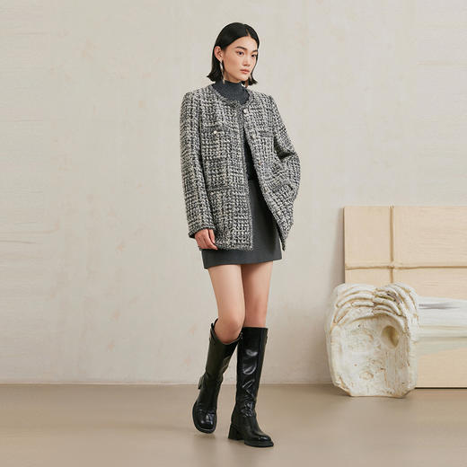 NEELLY纳俪商场同款冬季新款高级感粗花呢绵羊毛小香风长外套女N24103C01080 商品图2