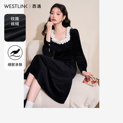 法式优雅丝绒连衣裙女秋冬甜美花边圆领长袖小黑裙V4343574 商品图0
