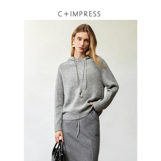 西嘉时髦松弛感点子纱长袖羊毛连帽针织衫2024冬上新 商品图3