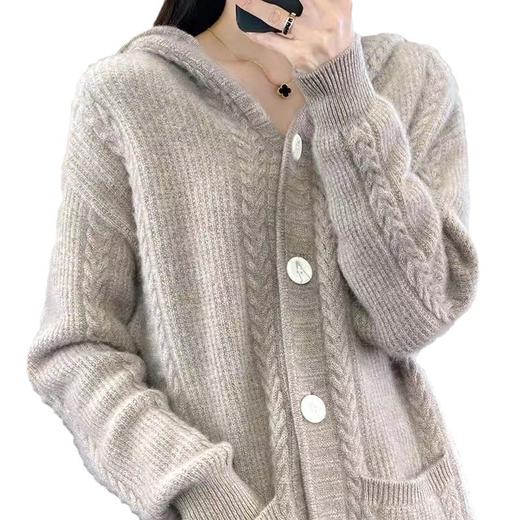 QHJY-Y1161重磅加厚连帽中长款开衫女24秋冬宽松带兜软糯安迪绒针织毛衣外套 商品图4