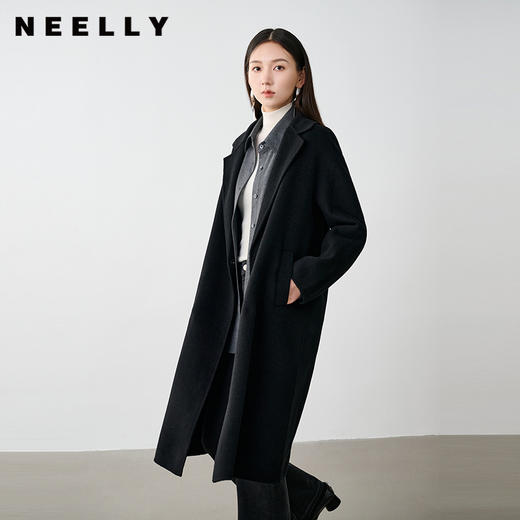 NEELLY纳俪商场同款冬季新款廓形绵羊毛双面毛呢大衣黑色外套女N24104N07774 商品图0