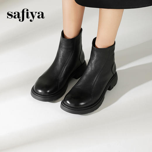Safiya/索菲娅2024冬季休闲圆头粗跟时尚百搭羊皮后拉链短踝靴 SF44116026 商品图4