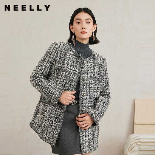 NEELLY纳俪商场同款冬季新款高级感粗花呢绵羊毛小香风长外套女N24103C01080 商品图0
