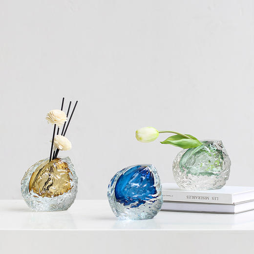 现代轻奢水晶琉璃不规则冰川厚底斜口花瓶软装设计师玄关台面装饰 商品图3