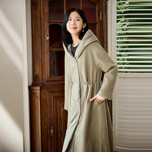 NEELLY纳俪商场同款冬季新款羽绒拼接连帽双面呢大衣女长款外套N24104N07764 商品图3