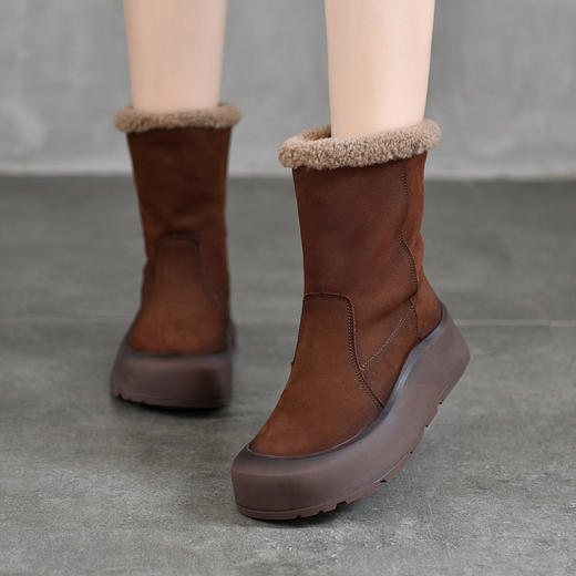 TNGT868-61R 复古休闲厚底头层牛皮中筒靴两穿短靴羊羔绒加棉女靴头真皮毛毛靴 商品图2