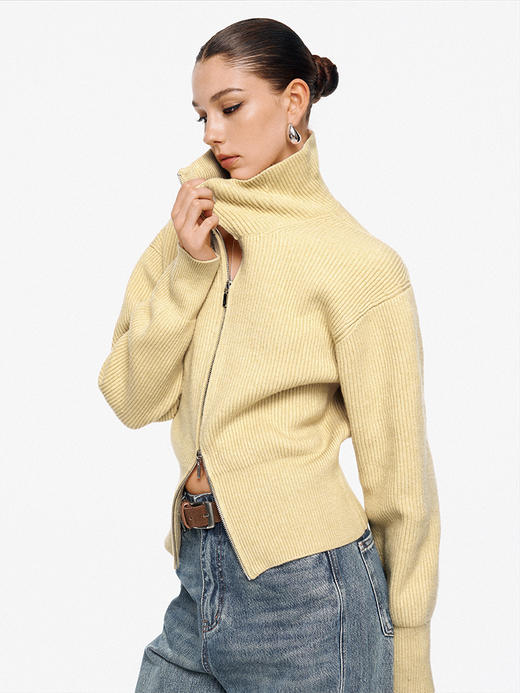 TR她热 溏心主义 鹅黄色针织罗纹双拉链宽松百搭立领开衫外套 商品图4