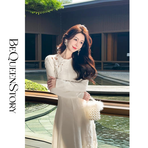 【七夕福利，不退不换】【静香花影】重工花朵刺绣收腰伞摆气质长款连衣裙 商品图3